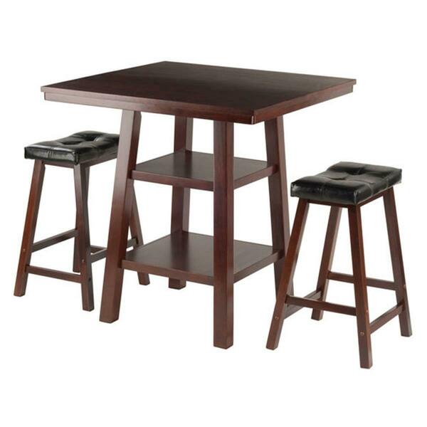 Winsome Trading 3 Piece Orlando High Table 2 Shelves with 2 Cushion Seat Stools Set, Walnut 94362